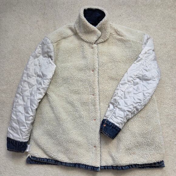 Old Navy Women's L Denim Sherpa Lined Jean Jacket Button Up Pockets Blue - Picture 9 of 16